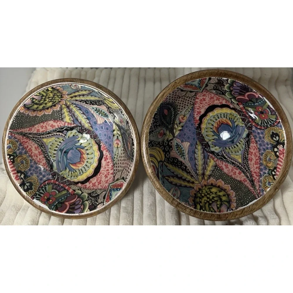 World Market Set of 2 Mango Wood Bowls Enamel Pattern 5.5